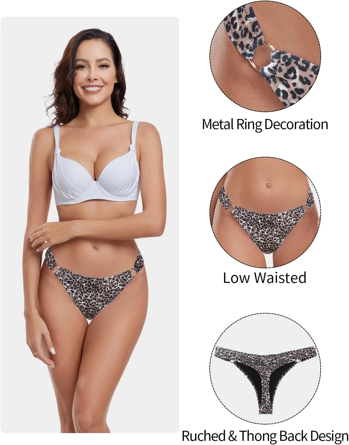 Women's Low Waisted Thong Bikini Bottoms High Cut Ruched Back Swimsuit Bottoms with Side Metal Rings