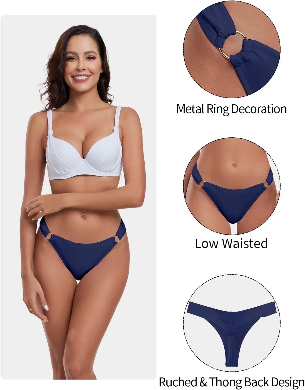 Women's Low Waisted Thong Bikini Bottoms High Cut Ruched Back Swimsuit Bottoms with Side Metal Rings