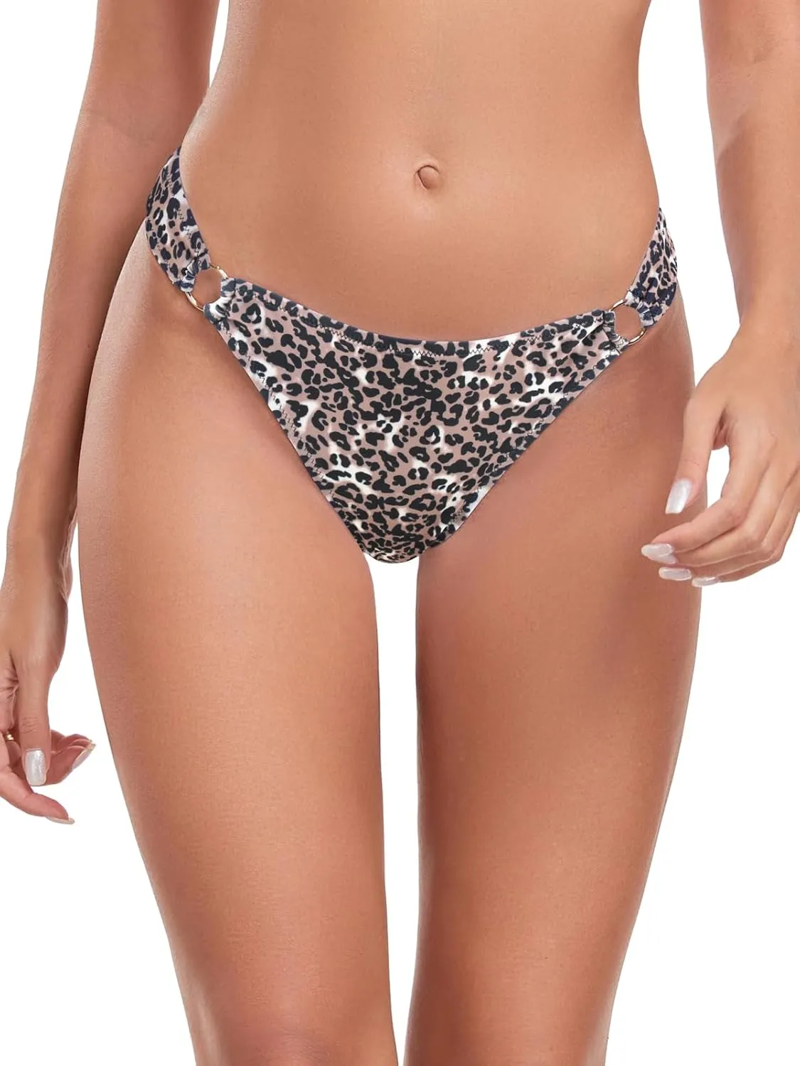 Women's Low Waisted Thong Bikini Bottoms High Cut Ruched Back Swimsuit Bottoms with Side Metal Rings