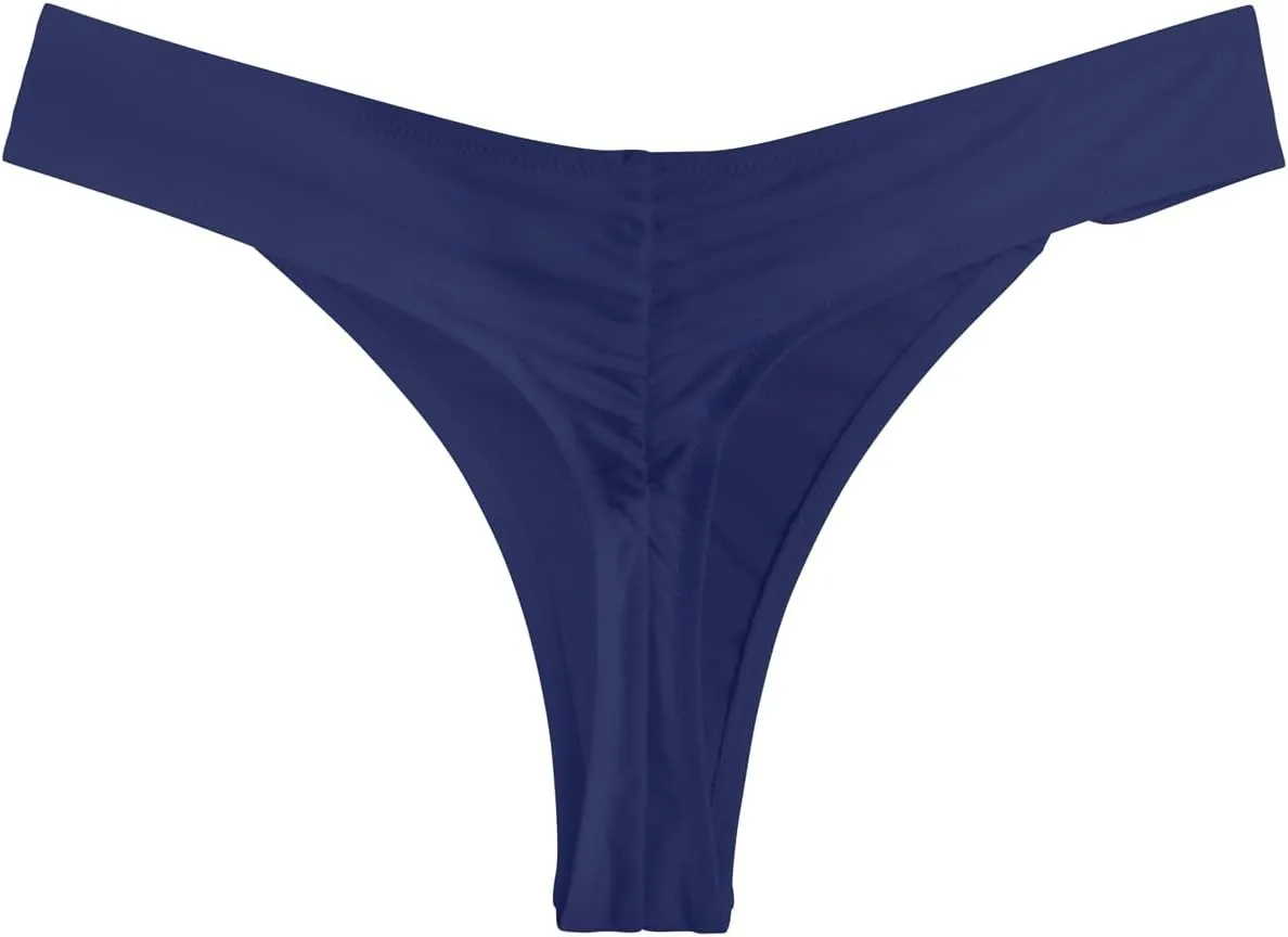 Women's Low Waisted Thong Bikini Bottoms High Cut Ruched Back Swimsuit Bottoms with Side Metal Rings