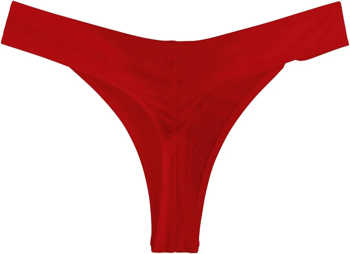 Women's Low Waisted Thong Bikini Bottoms High Cut Ruched Back Swimsuit Bottoms with Side Metal Rings