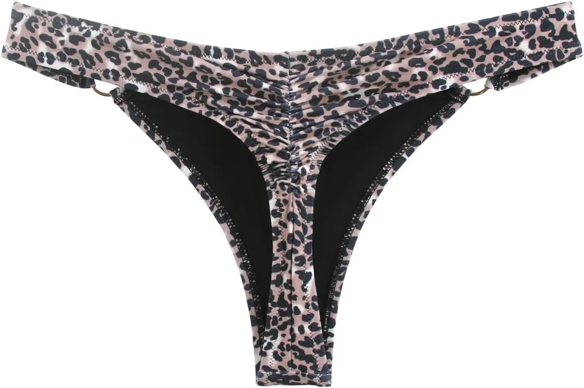 Women's Low Waisted Thong Bikini Bottoms High Cut Ruched Back Swimsuit Bottoms with Side Metal Rings