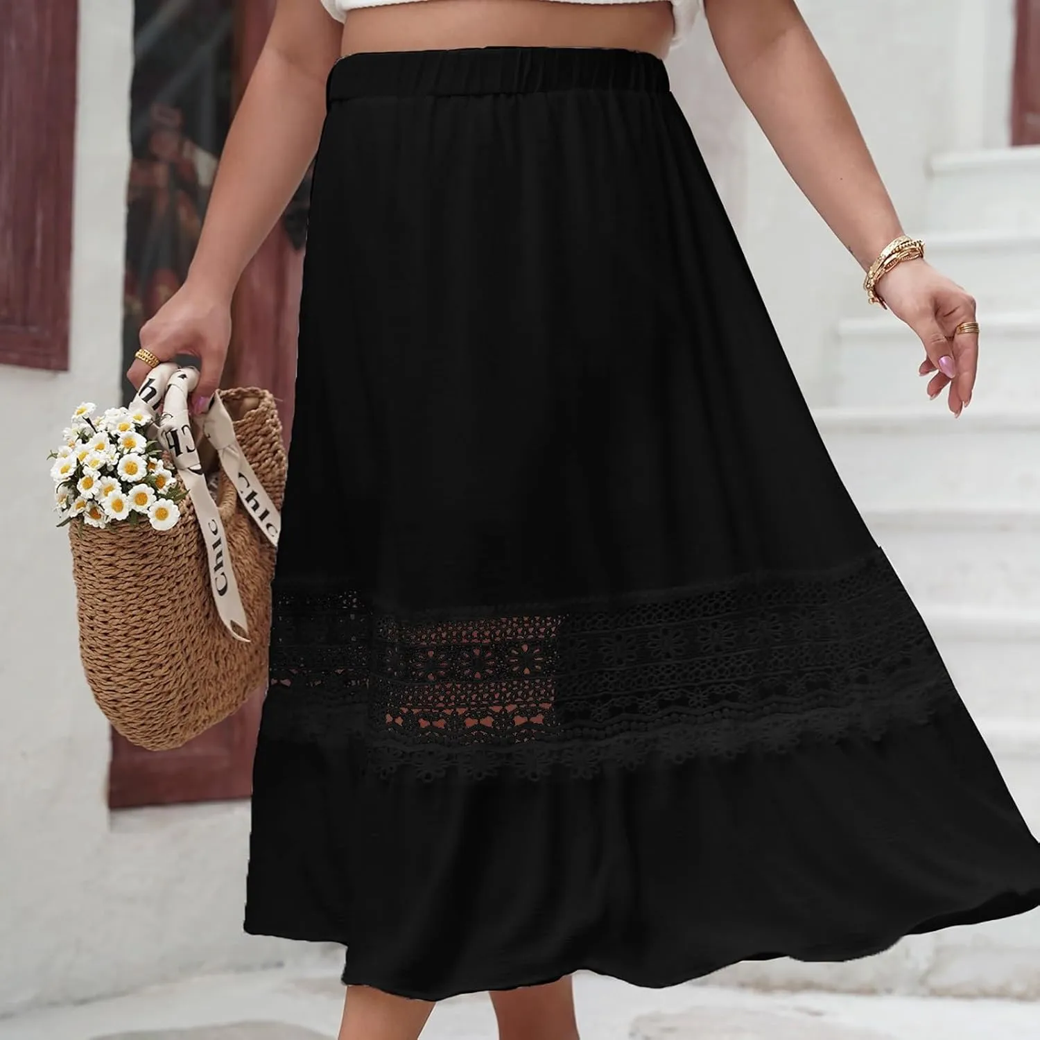 Womens Maxi Skirt Casual Loose Fit Flowy Elastic High Waist Lace Eyelet Hollow Out Long Skirts Summer Beach Outfits