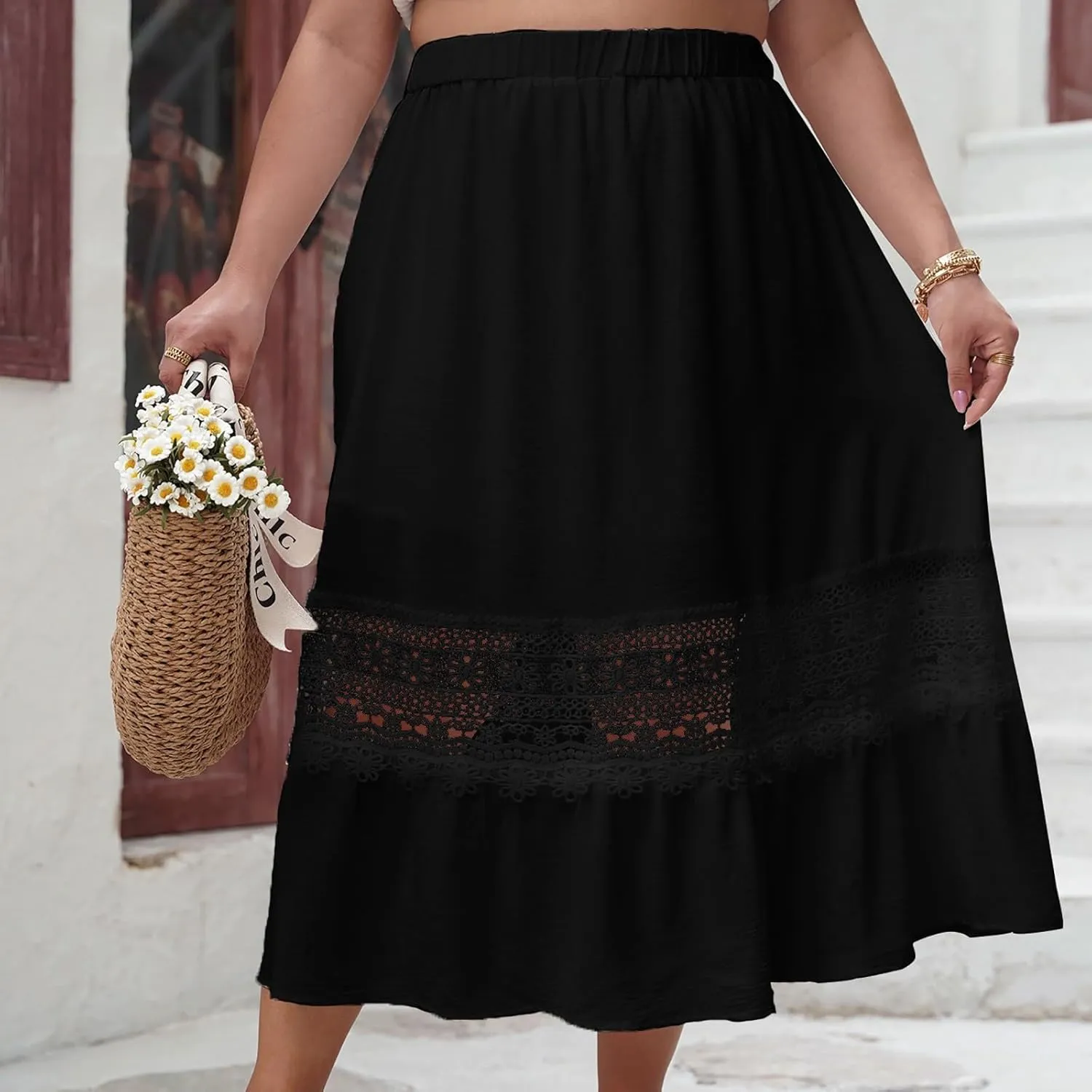 Womens Maxi Skirt Casual Loose Fit Flowy Elastic High Waist Lace Eyelet Hollow Out Long Skirts Summer Beach Outfits
