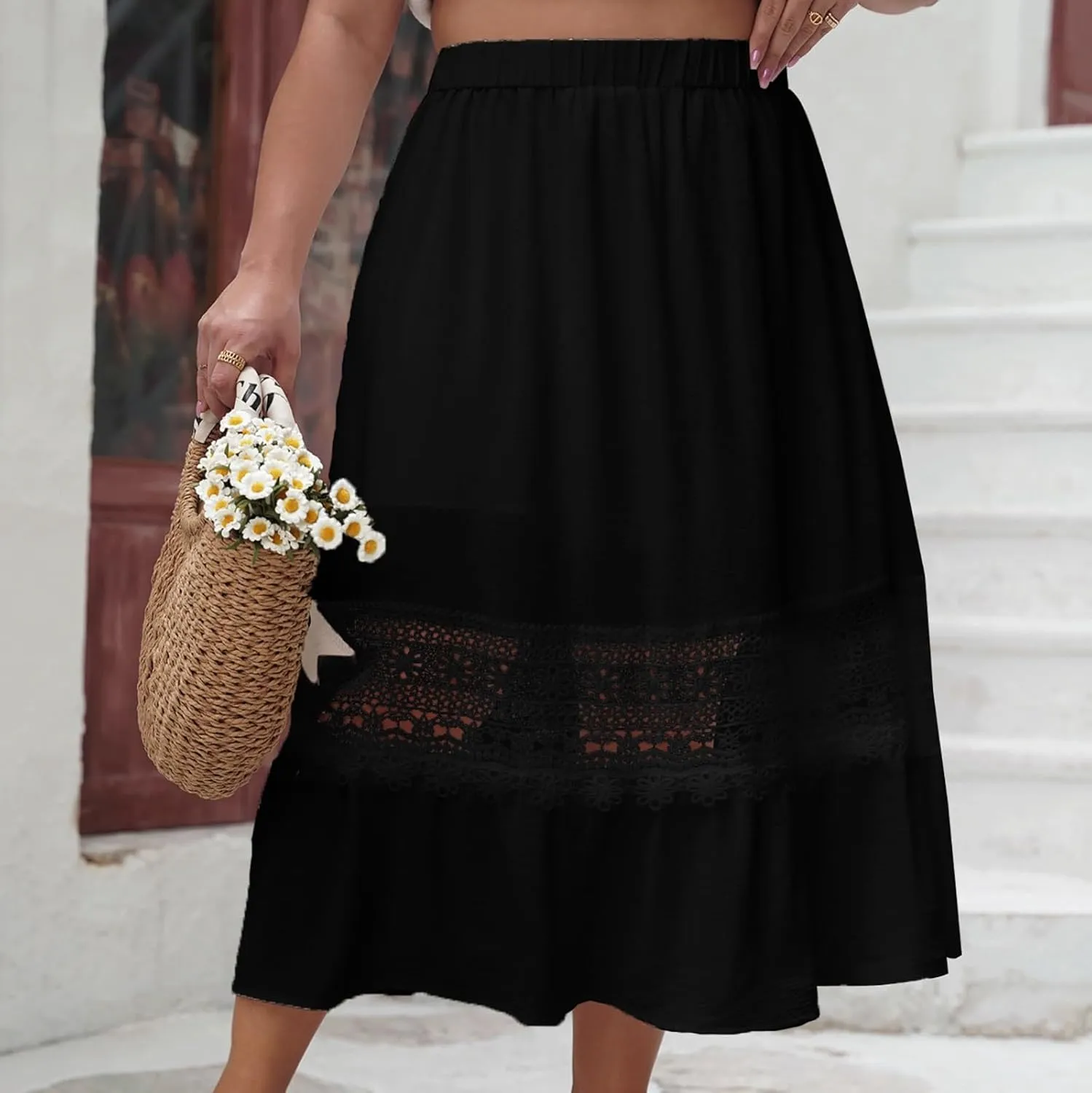 Womens Maxi Skirt Casual Loose Fit Flowy Elastic High Waist Lace Eyelet Hollow Out Long Skirts Summer Beach Outfits