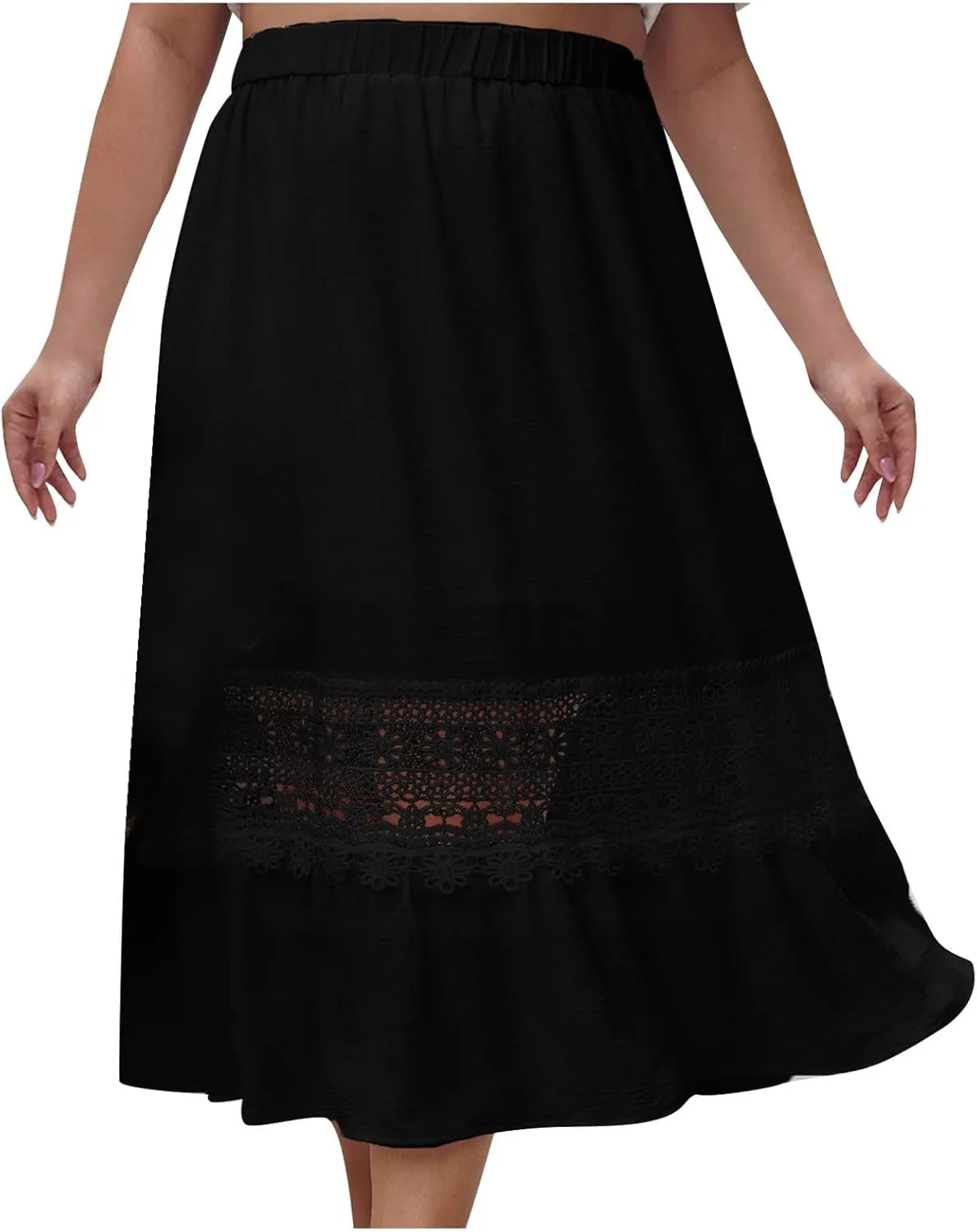 Womens Maxi Skirt Casual Loose Fit Flowy Elastic High Waist Lace Eyelet Hollow Out Long Skirts Summer Beach Outfits