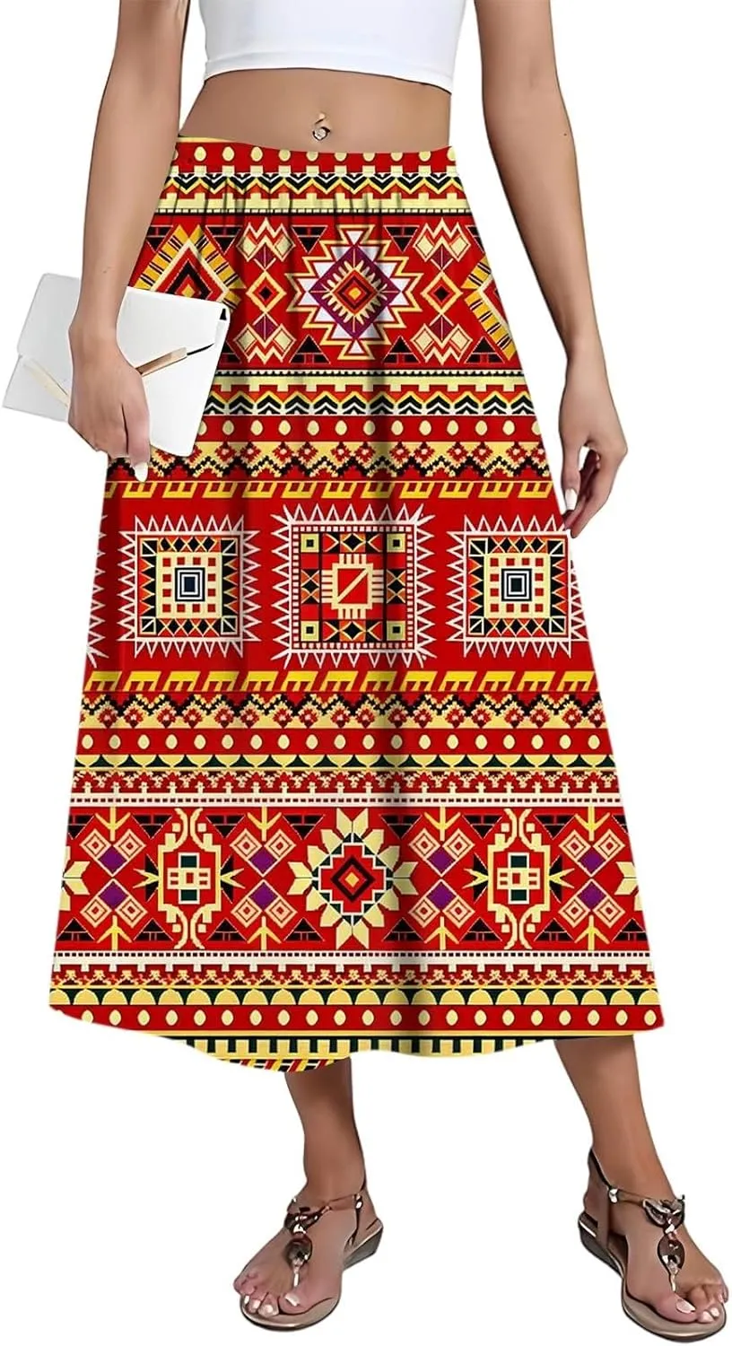 Women's Midi Boho Floral Skirts Trendy A Line Skirt Comfy Flowy High Elastic Waist Skorts with Pockets