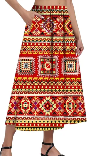 Women's Midi Boho Floral Skirts Trendy A Line Skirt Comfy Flowy High Elastic Waist Skorts with Pockets