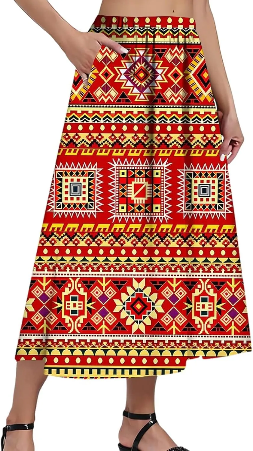 Women's Midi Boho Floral Skirts Trendy A Line Skirt Comfy Flowy High Elastic Waist Skorts with Pockets