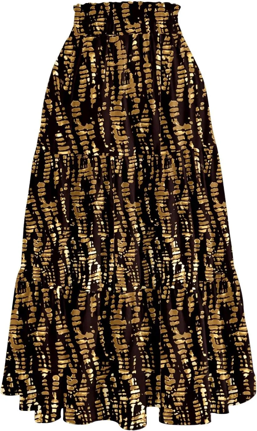 Women's Midi Boho Floral Tiered Skirts Trendy Comfy Flowy Drawstring High Elastic Waist Aline Skirt Skorts with Pockets