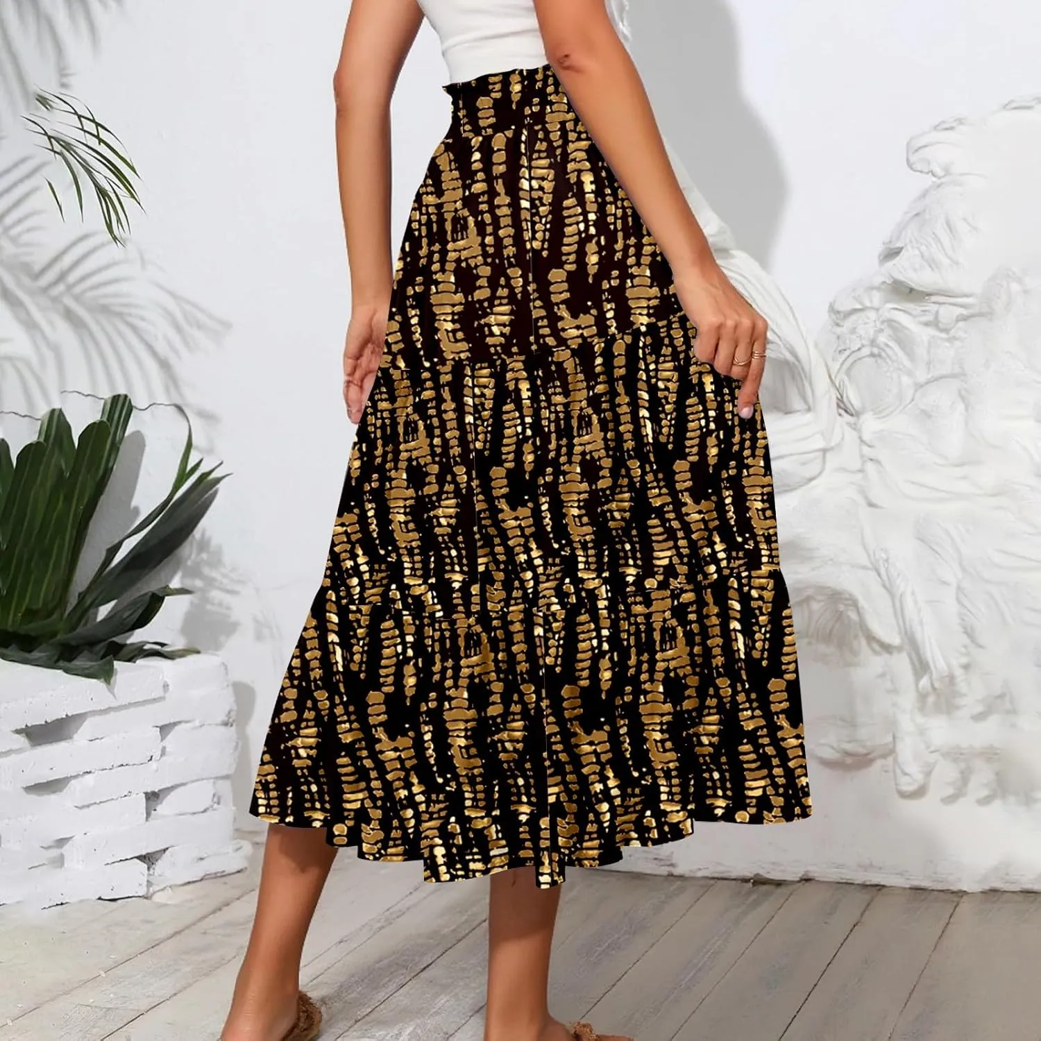 Women's Midi Boho Floral Tiered Skirts Trendy Comfy Flowy Drawstring High Elastic Waist Aline Skirt Skorts with Pockets