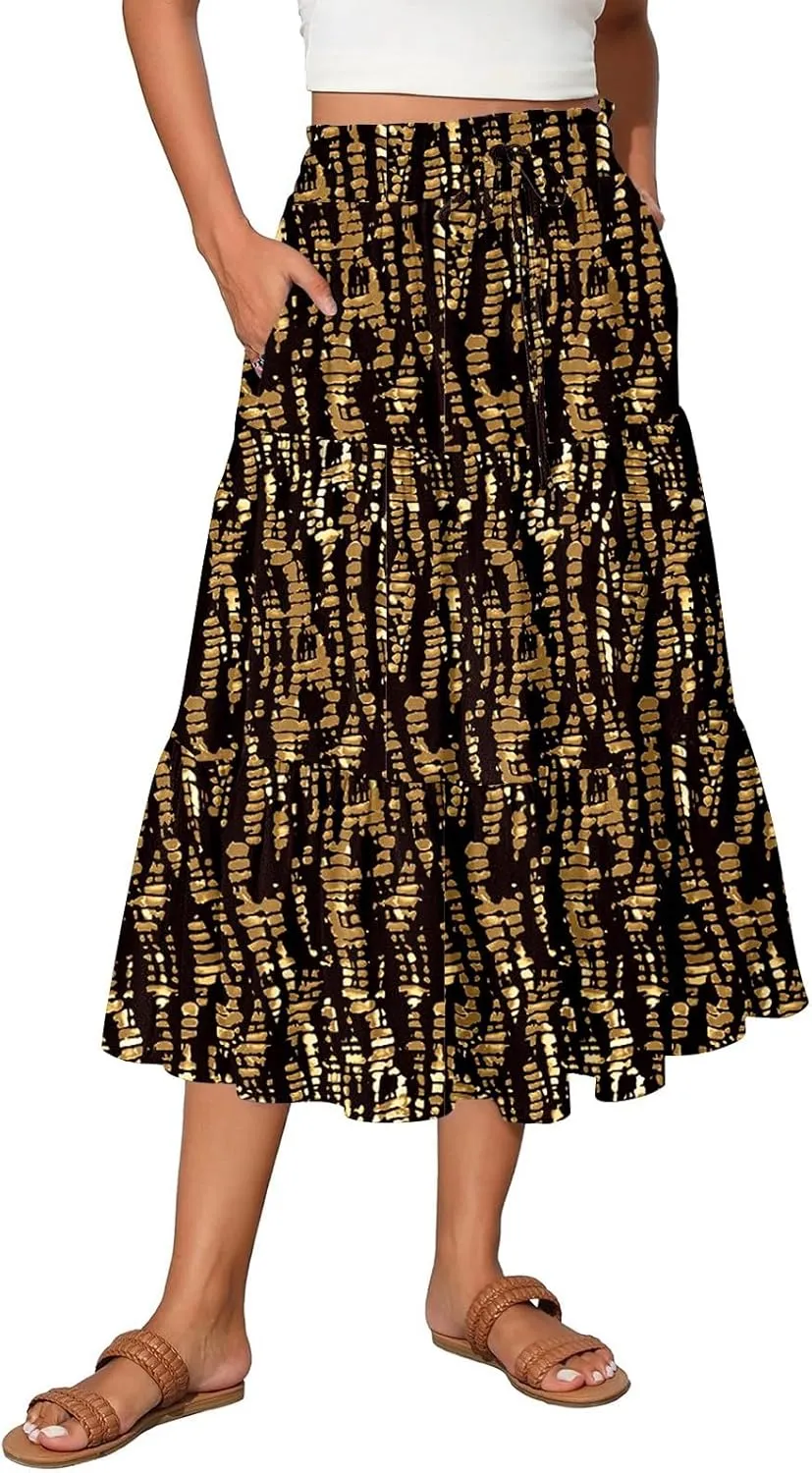 Women's Midi Boho Floral Tiered Skirts Trendy Comfy Flowy Drawstring High Elastic Waist Aline Skirt Skorts with Pockets