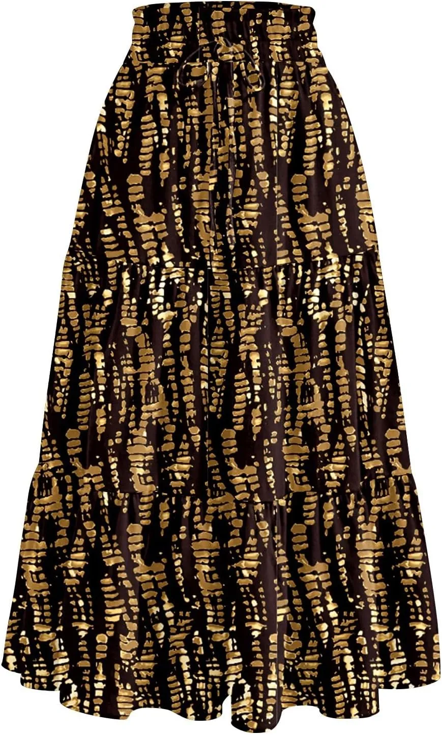 Women's Midi Boho Floral Tiered Skirts Trendy Comfy Flowy Drawstring High Elastic Waist Aline Skirt Skorts with Pockets