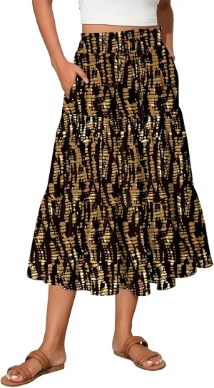 Women's Midi Boho Floral Tiered Skirts Trendy Comfy Flowy Drawstring High Elastic Waist Aline Skirt Skorts with Pockets