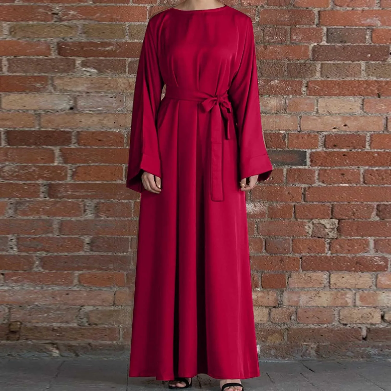 Women's Muslim Dresses Plus Size High Neck Pleated Tie Waist Clothes Long Robe Abaya Turkish Islamic Dubai Maxi Dress