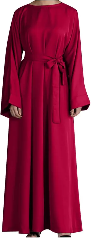 Women's Muslim Dresses Plus Size High Neck Pleated Tie Waist Clothes Long Robe Abaya Turkish Islamic Dubai Maxi Dress