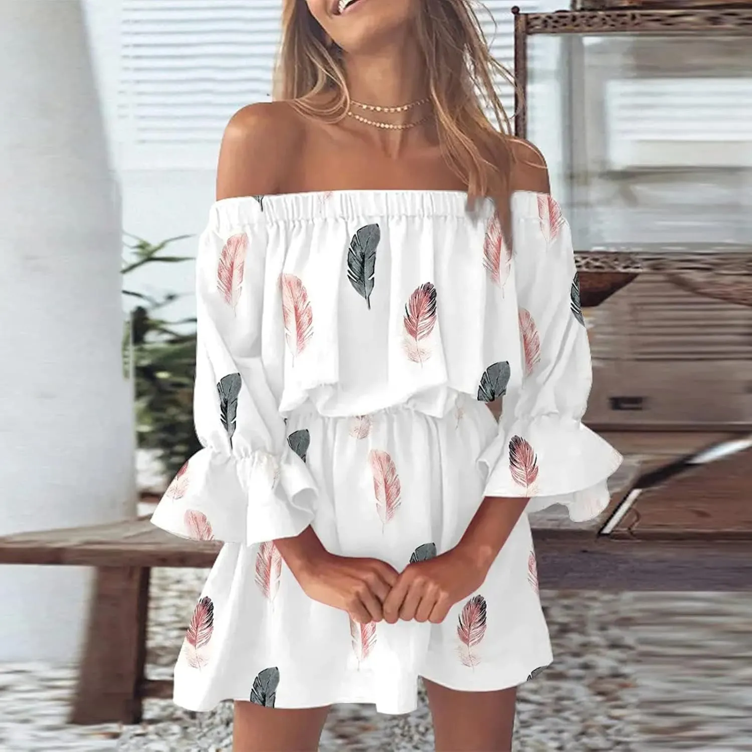 Womens Off Shoulder Summer Dresses Ruffle Floral 3/4 Sleeve Swing Mini Dress Elastic Waist A-Line Wedding Guest Dresses