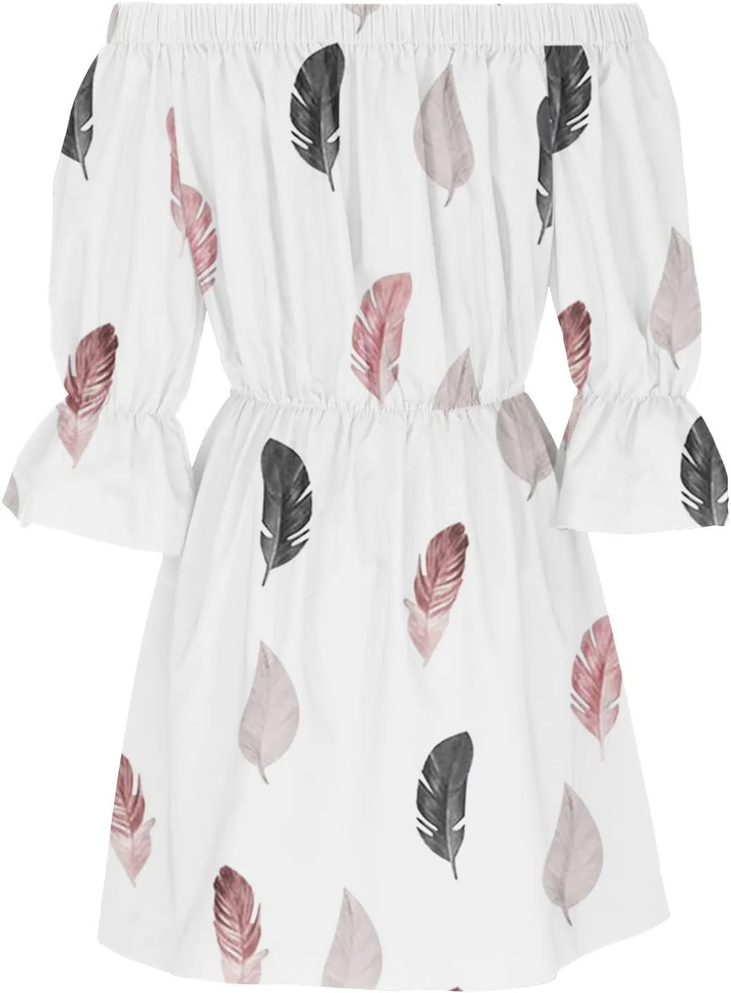 Womens Off Shoulder Summer Dresses Ruffle Floral 3/4 Sleeve Swing Mini Dress Elastic Waist A-Line Wedding Guest Dresses