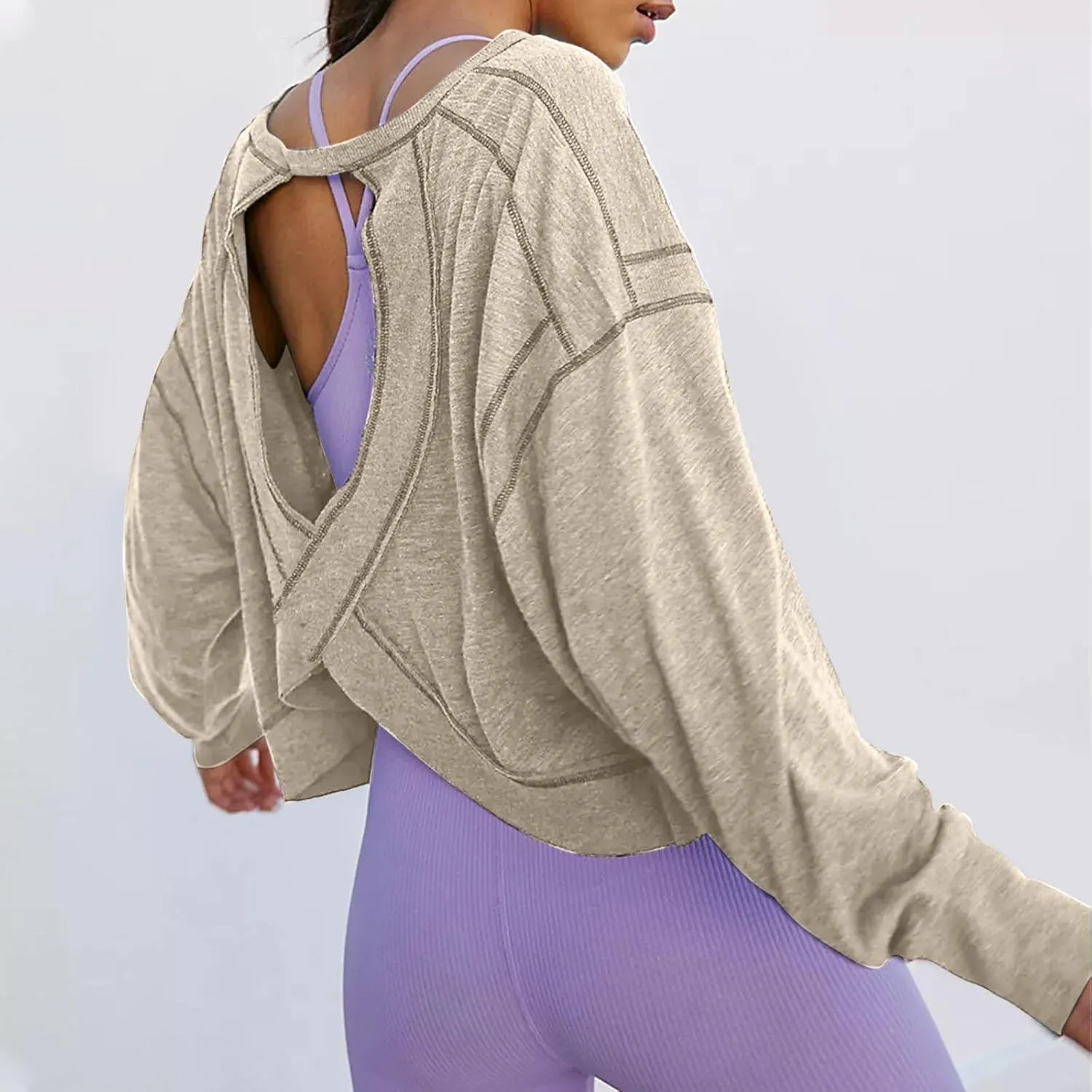 Womens Open Back Workout Tops Sexy Backless Long Sleeve Athletic Shirt Running Crop Top Gym Yoga Tee