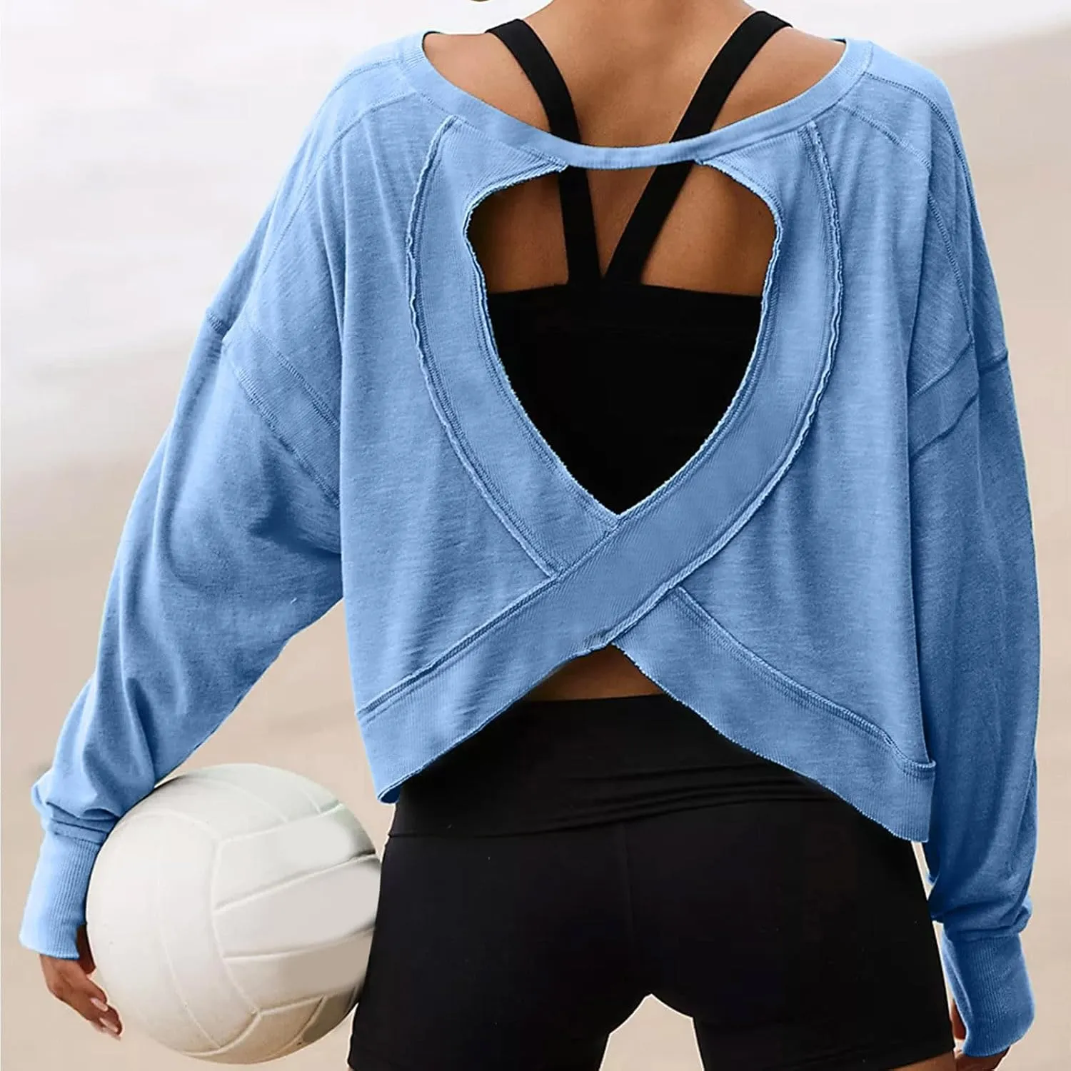 Womens Open Back Workout Tops Sexy Backless Long Sleeve Athletic Shirt Running Crop Top Gym Yoga Tee