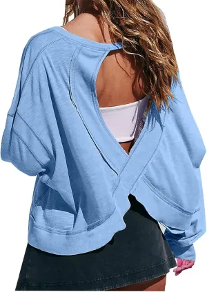Womens Open Back Workout Tops Sexy Backless Long Sleeve Athletic Shirt Running Crop Top Gym Yoga Tee
