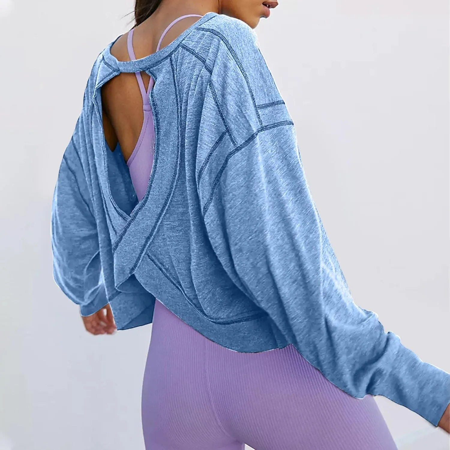 Womens Open Back Workout Tops Sexy Backless Long Sleeve Athletic Shirt Running Crop Top Gym Yoga Tee