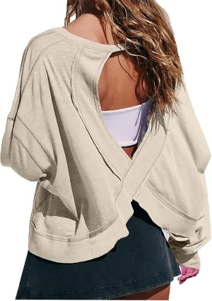 Womens Open Back Workout Tops Sexy Backless Long Sleeve Athletic Shirt Running Crop Top Gym Yoga Tee