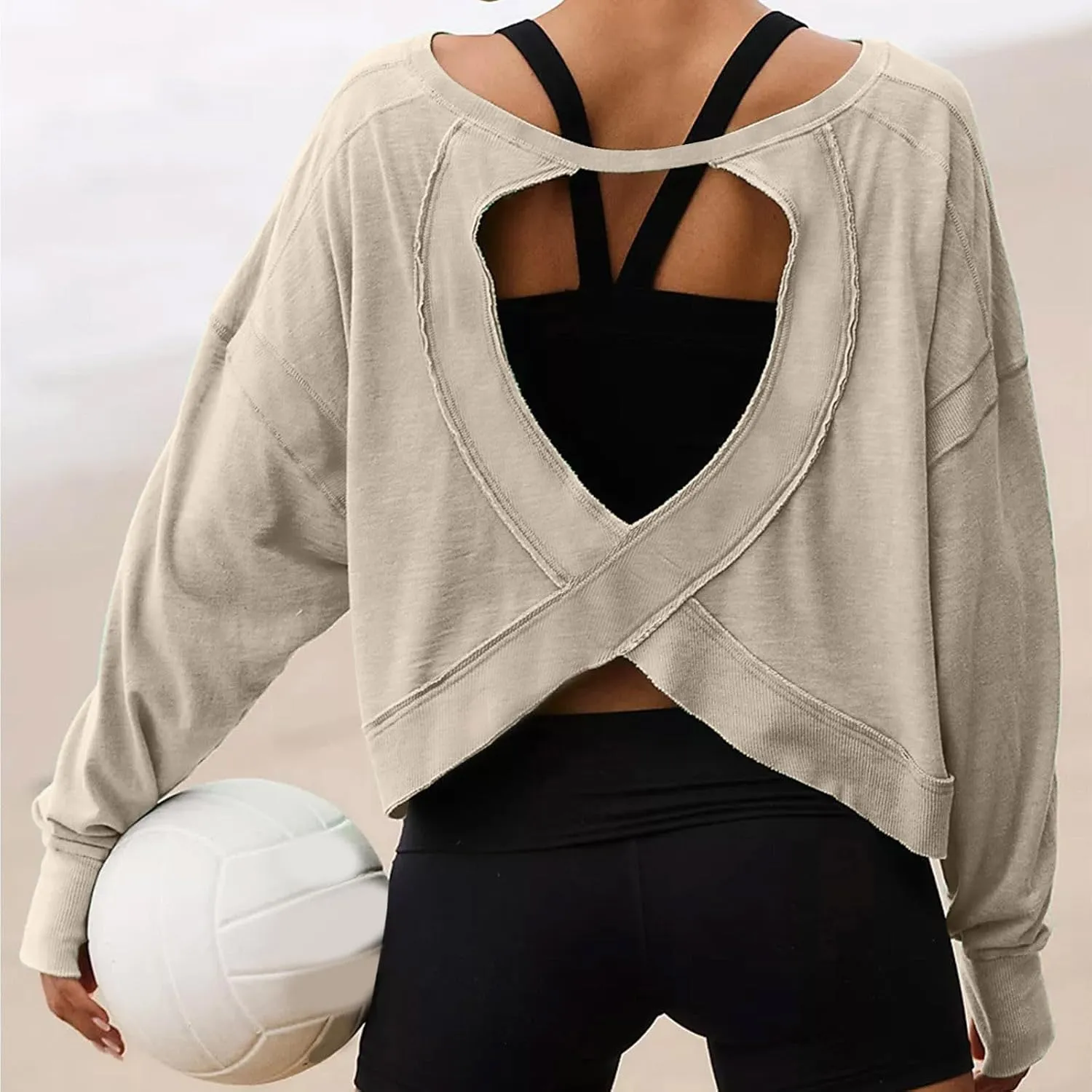 Womens Open Back Workout Tops Sexy Backless Long Sleeve Athletic Shirt Running Crop Top Gym Yoga Tee
