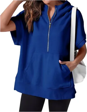 Womens Oversized Half Zip Hoodies Short Sleeve Sweatshirts Casual Loose Fit Shirts Summer Pullover Tops with Pockets