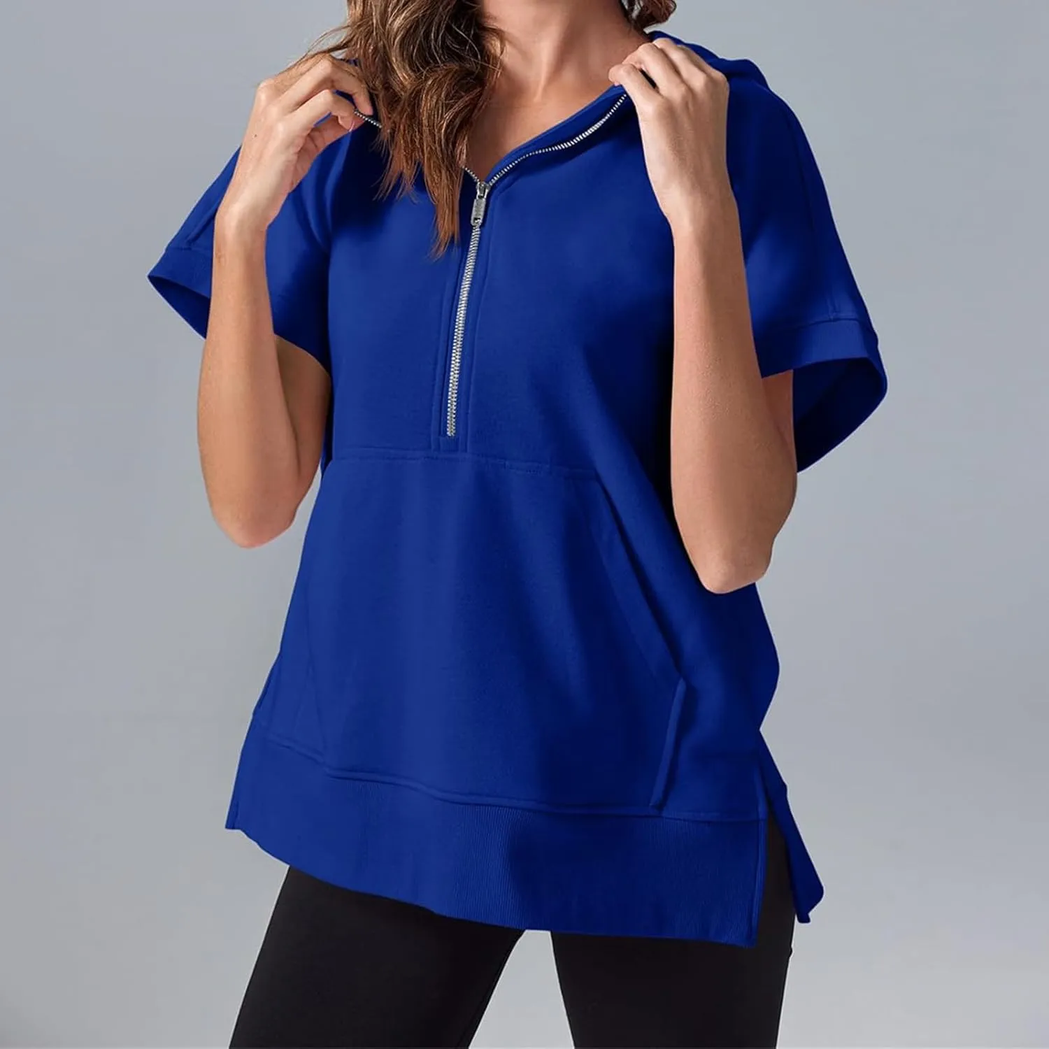 Womens Oversized Half Zip Hoodies Short Sleeve Sweatshirts Casual Loose Fit Shirts Summer Pullover Tops with Pockets