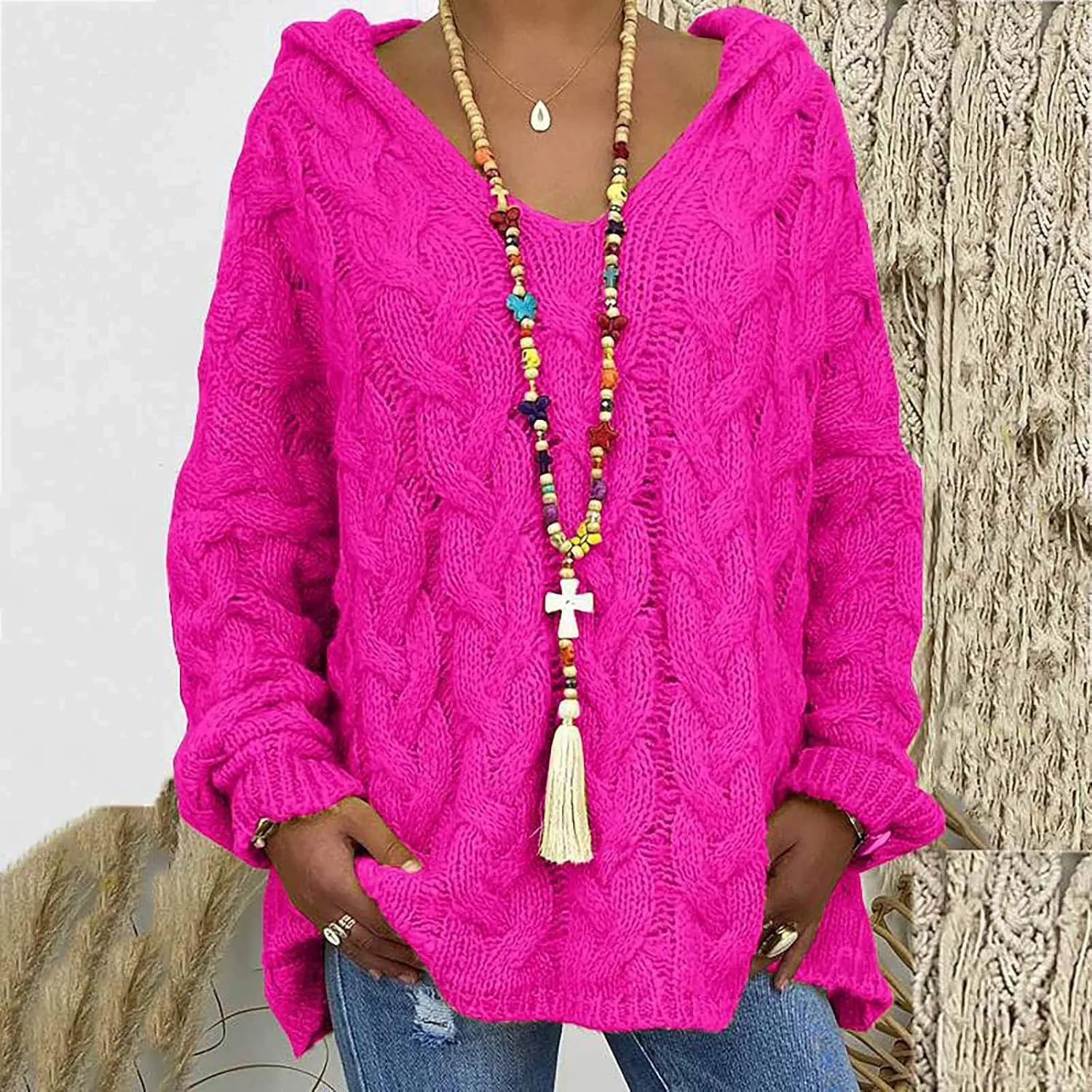 Womens Oversized Hooded Sweater Chunky Cable Knit Pullover Tops Long Sleeve Loose Fit Simple Solid Fall Hoodies