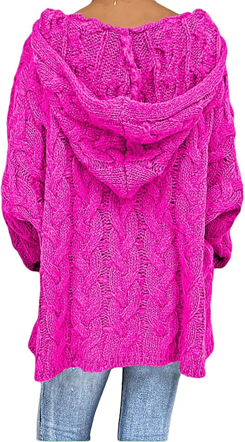 Womens Oversized Hooded Sweater Chunky Cable Knit Pullover Tops Long Sleeve Loose Fit Simple Solid Fall Hoodies