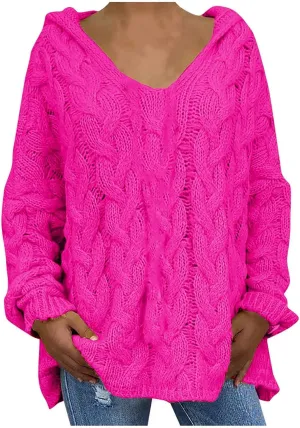 Womens Oversized Hooded Sweater Chunky Cable Knit Pullover Tops Long Sleeve Loose Fit Simple Solid Fall Hoodies