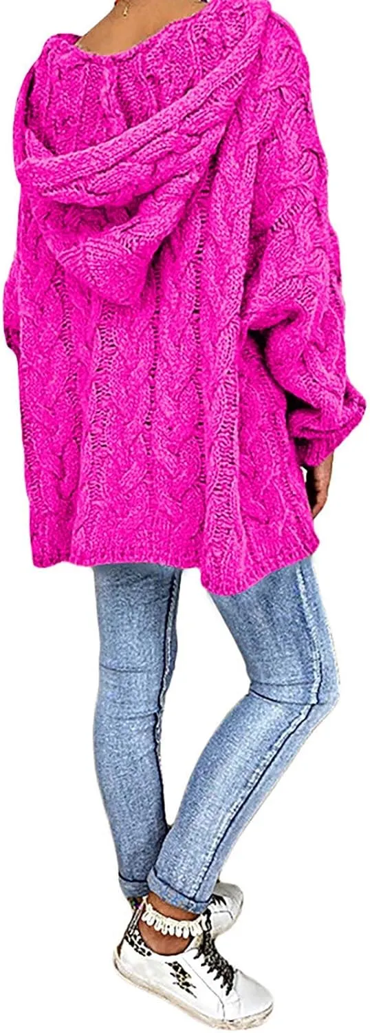 Womens Oversized Hooded Sweater Chunky Cable Knit Pullover Tops Long Sleeve Loose Fit Simple Solid Fall Hoodies