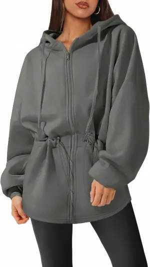 Womens Oversized Hoodies Fleece Zip Up Sweatshirts Drawstring Waist Long Sleeve Sweaters Pullover Fall Outfits
