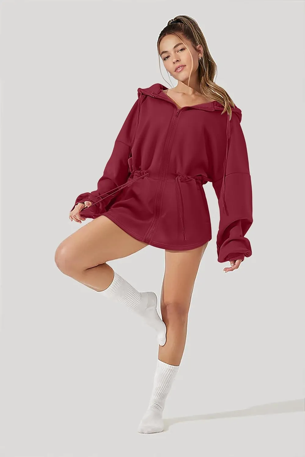 Womens Oversized Hoodies Fleece Zip Up Sweatshirts Drawstring Waist Long Sleeve Sweaters Pullover Fall Outfits