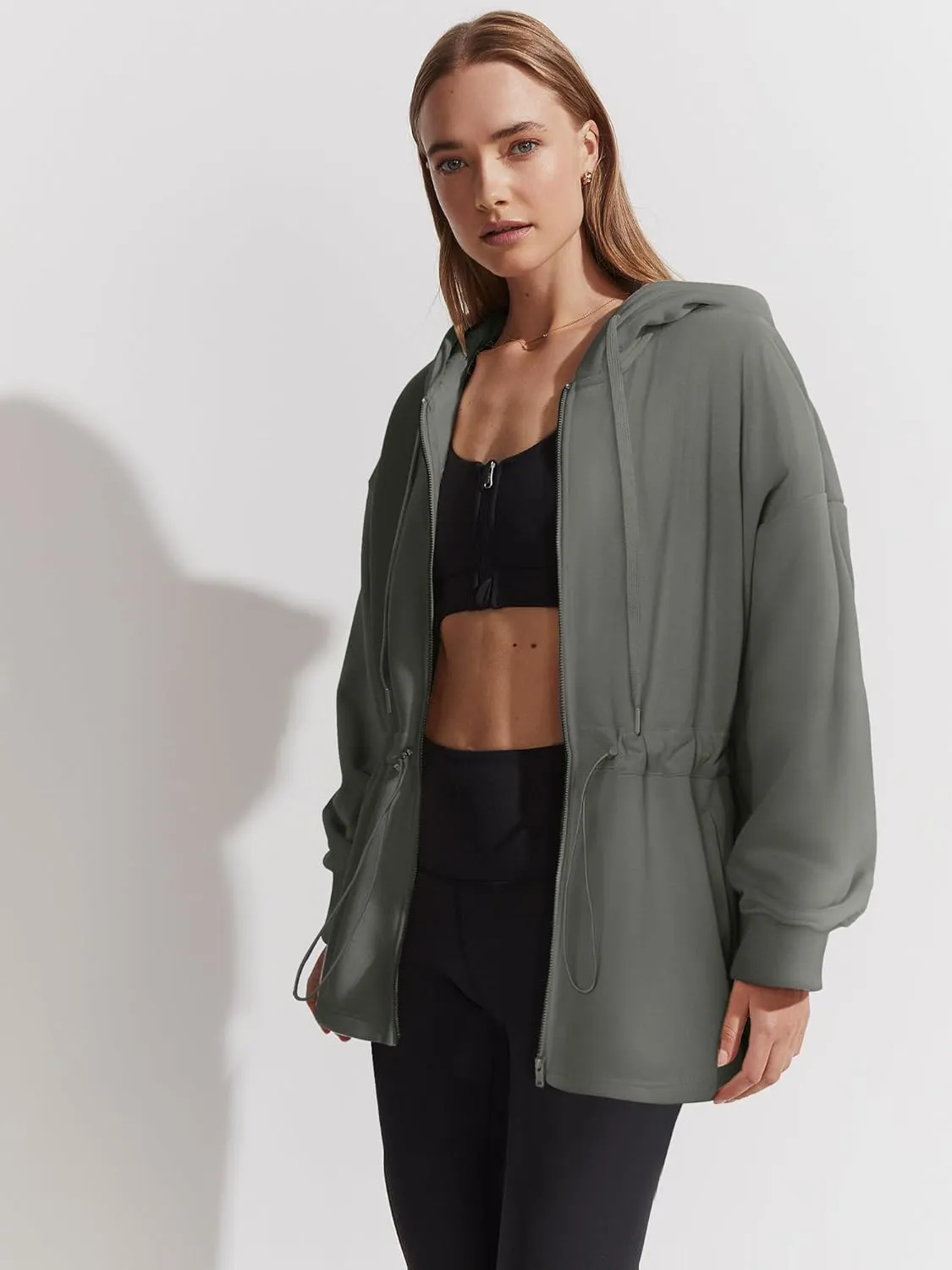 Womens Oversized Hoodies Fleece Zip Up Sweatshirts Drawstring Waist Long Sleeve Sweaters Pullover Fall Outfits