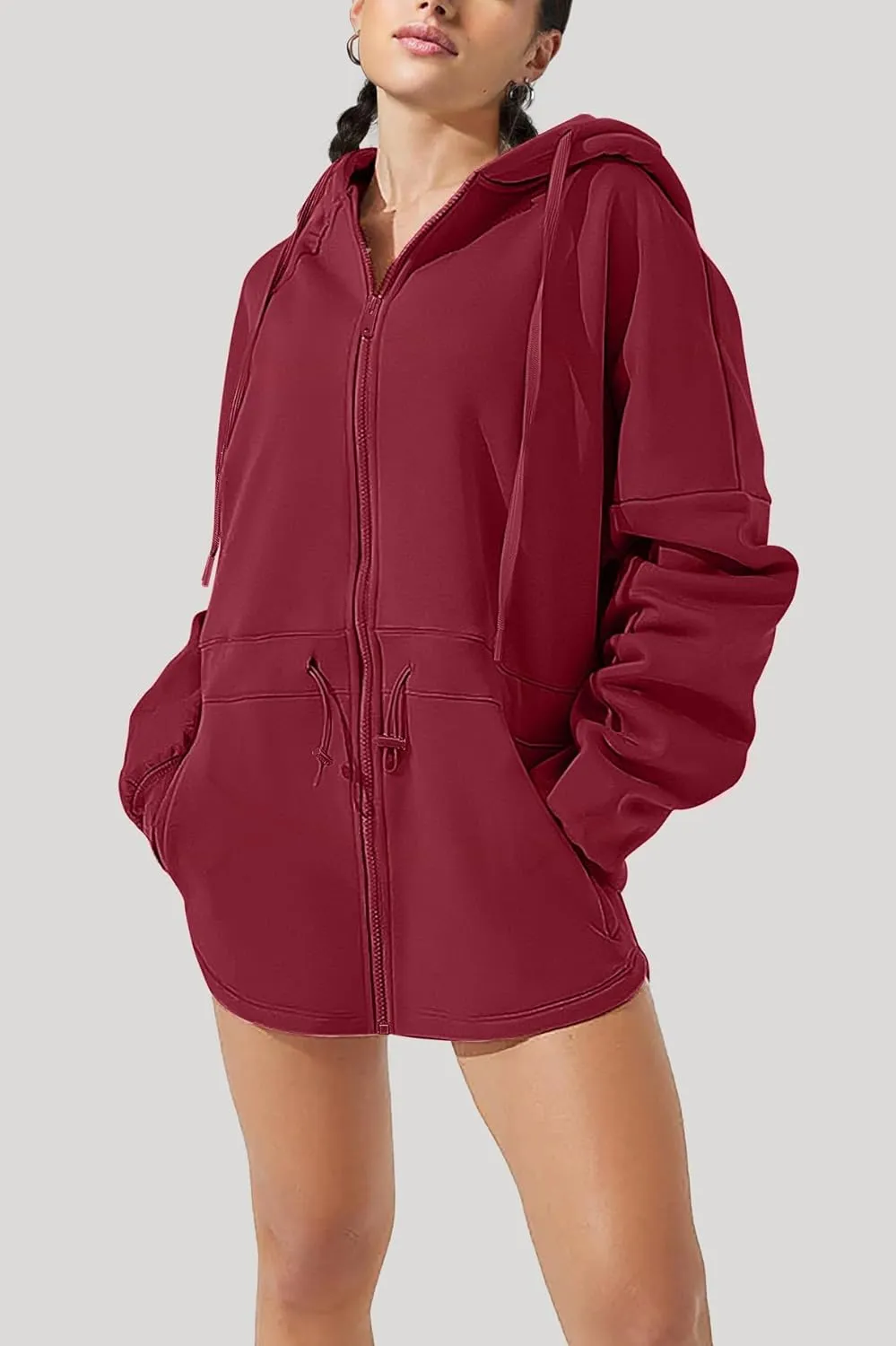 Womens Oversized Hoodies Fleece Zip Up Sweatshirts Drawstring Waist Long Sleeve Sweaters Pullover Fall Outfits