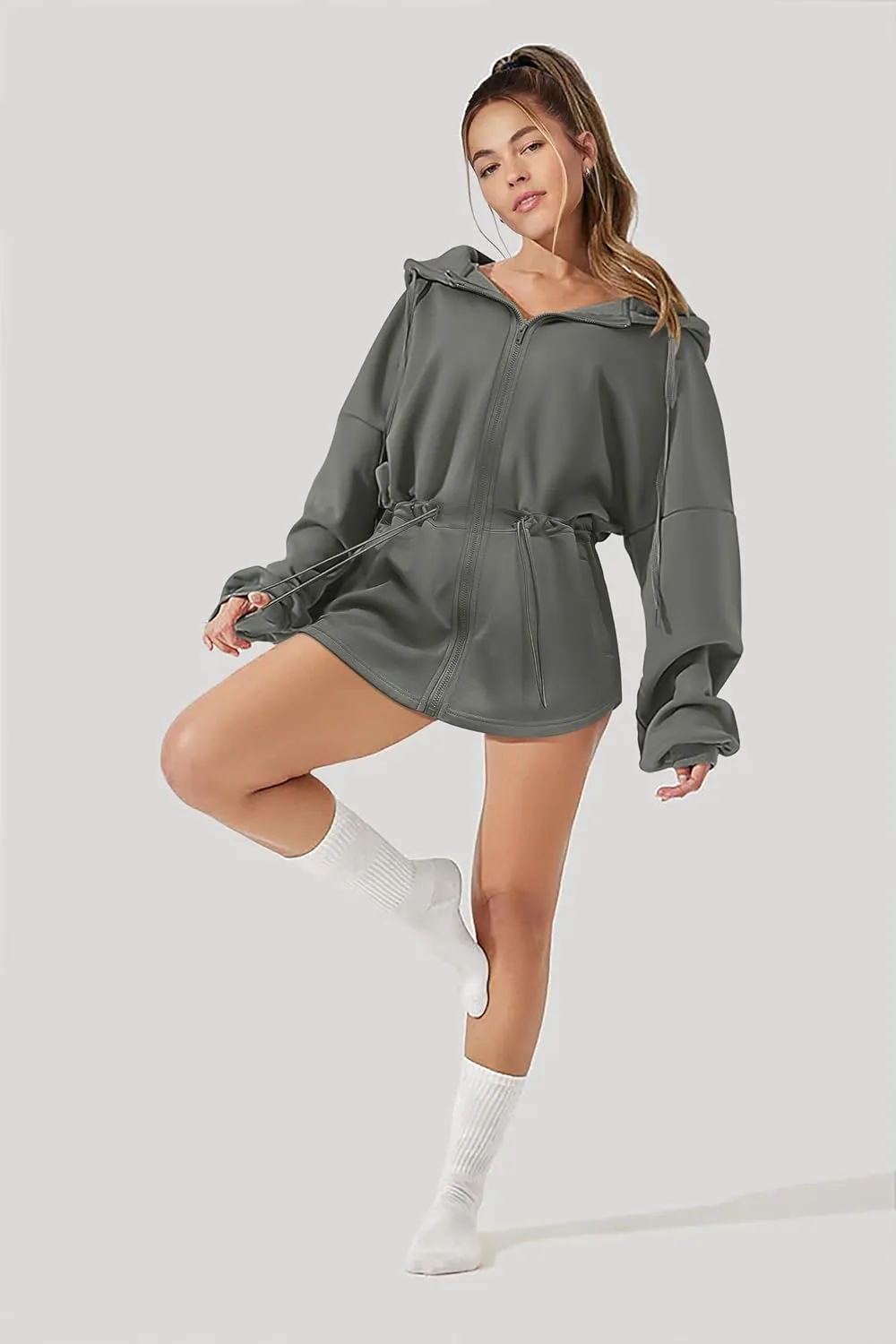 Womens Oversized Hoodies Fleece Zip Up Sweatshirts Drawstring Waist Long Sleeve Sweaters Pullover Fall Outfits