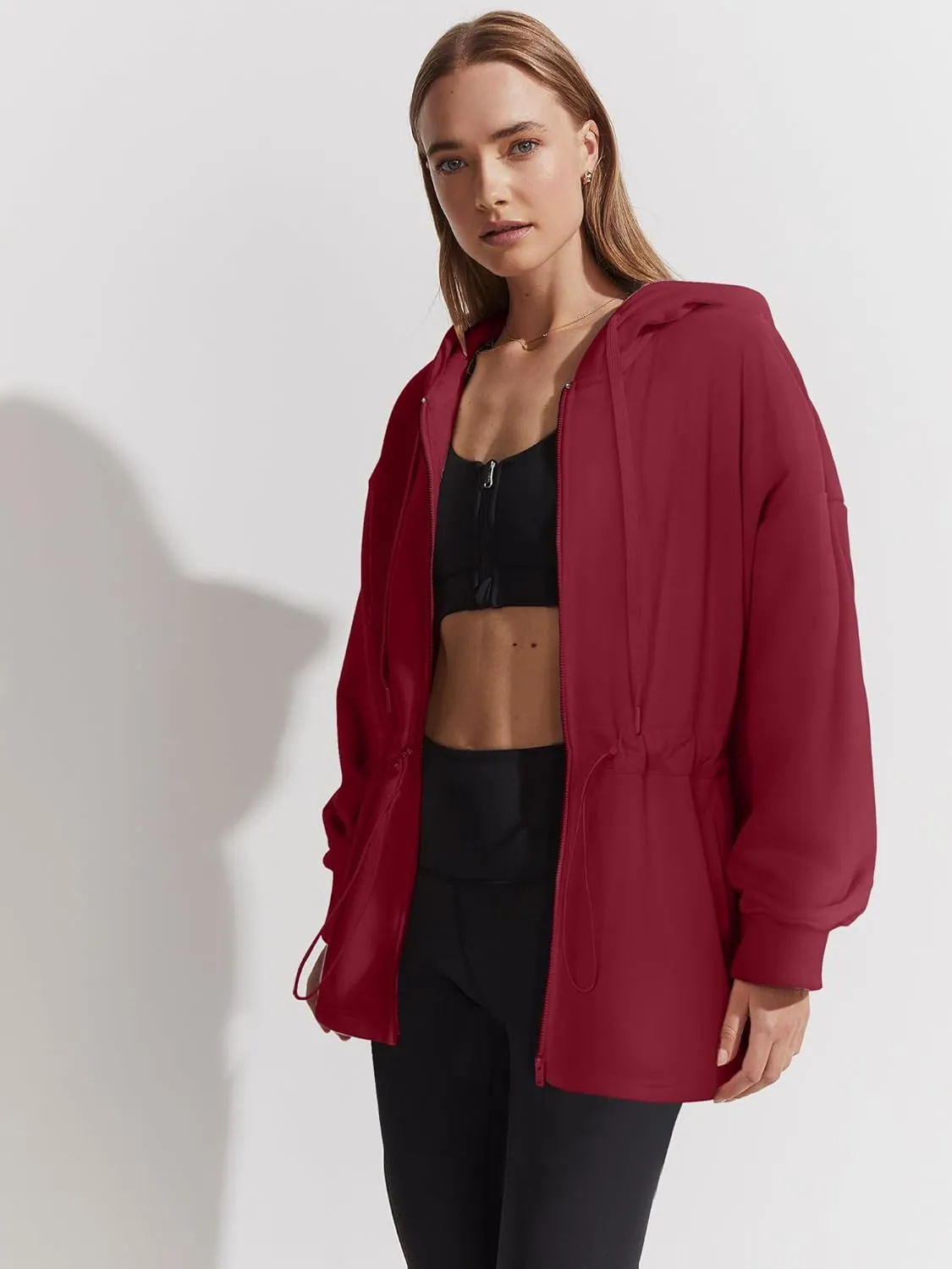 Womens Oversized Hoodies Fleece Zip Up Sweatshirts Drawstring Waist Long Sleeve Sweaters Pullover Fall Outfits