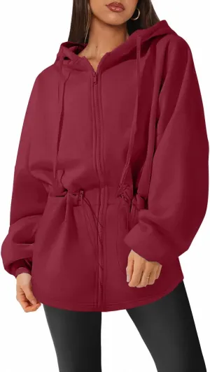 Womens Oversized Hoodies Fleece Zip Up Sweatshirts Drawstring Waist Long Sleeve Sweaters Pullover Fall Outfits