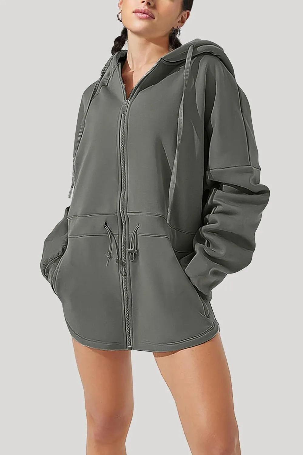 Womens Oversized Hoodies Fleece Zip Up Sweatshirts Drawstring Waist Long Sleeve Sweaters Pullover Fall Outfits