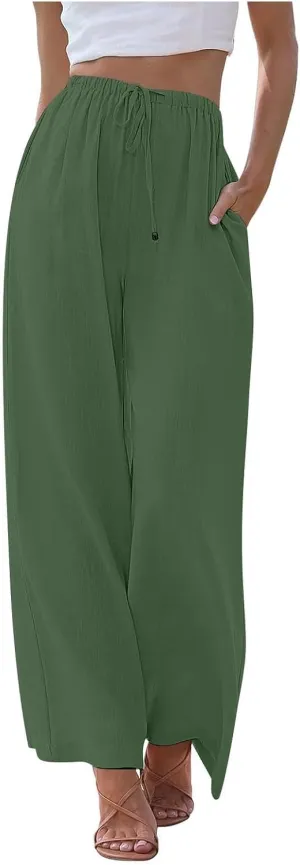 Women's Pants Trendy Linen Summer Wide Leg Pants Flowy Solid Color Beach Pants with Pockets Dress Pants, S-3XL