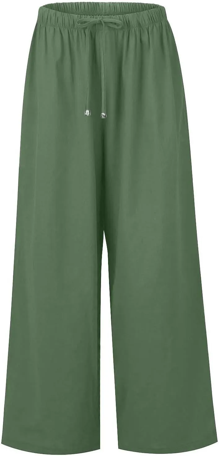 Women's Pants Trendy Linen Summer Wide Leg Pants Flowy Solid Color Beach Pants with Pockets Dress Pants, S-3XL