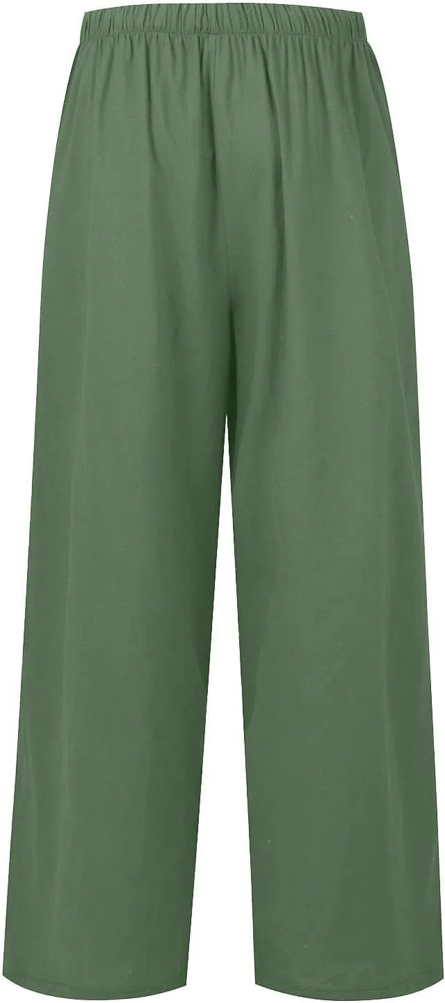 Women's Pants Trendy Linen Summer Wide Leg Pants Flowy Solid Color Beach Pants with Pockets Dress Pants, S-3XL