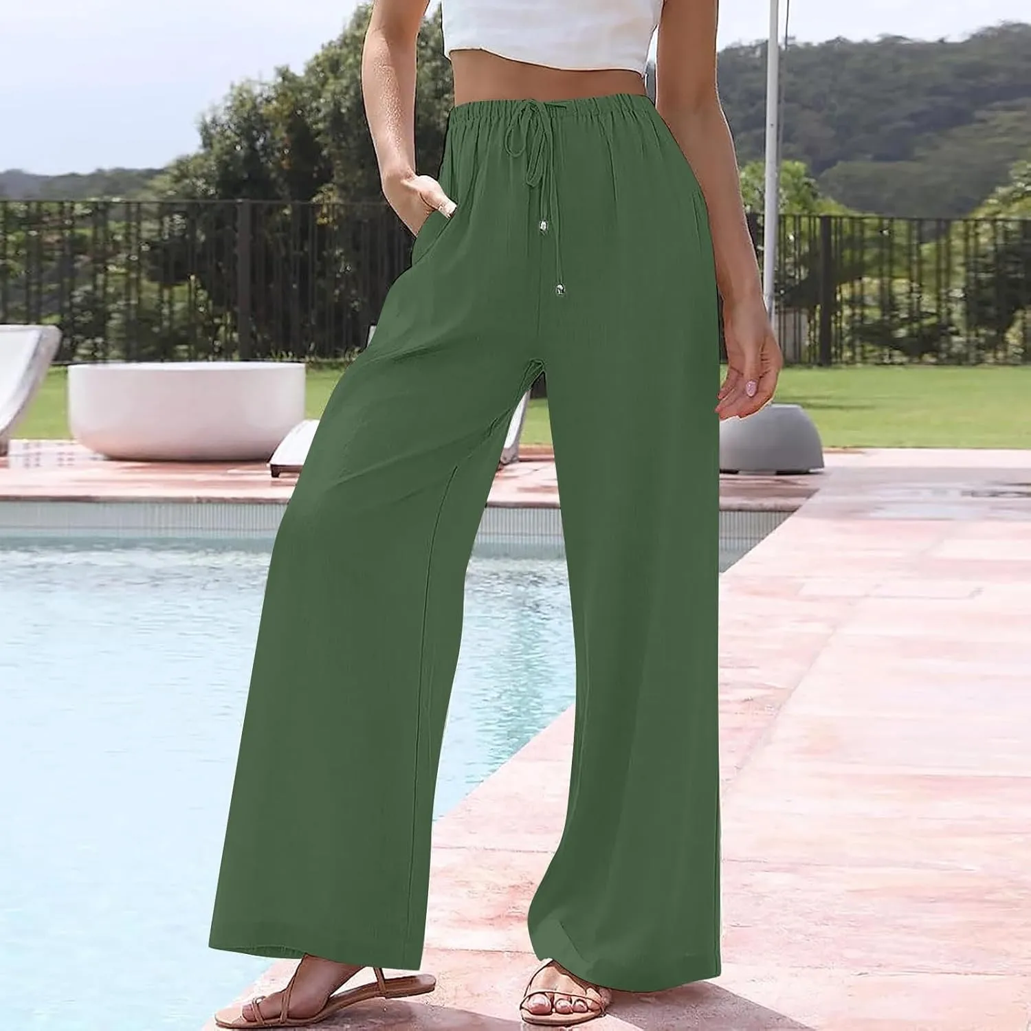 Women's Pants Trendy Linen Summer Wide Leg Pants Flowy Solid Color Beach Pants with Pockets Dress Pants, S-3XL