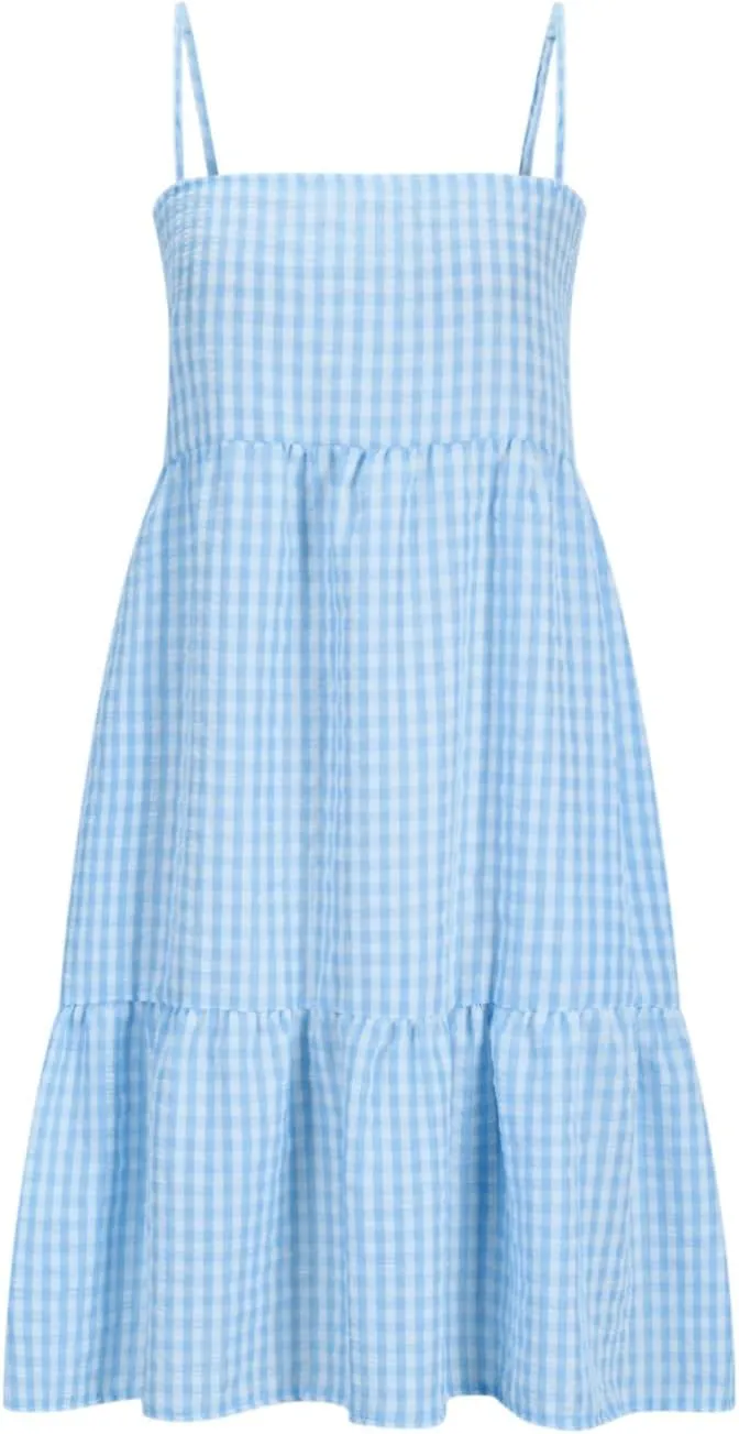 Womens Plaid A-Line Dresses Adjustable Shoulder Straps Ruffle Hem Casual Mini Dress Beach Sundress with Side Pockets
