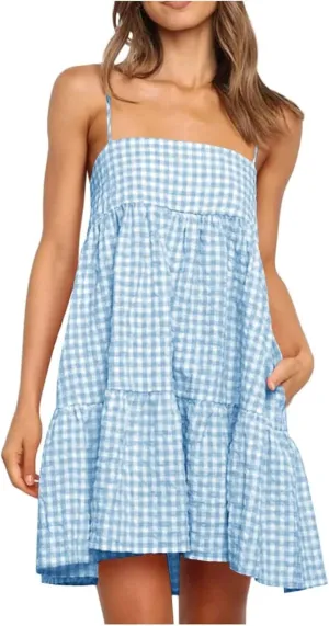 Womens Plaid A-Line Dresses Adjustable Shoulder Straps Ruffle Hem Casual Mini Dress Beach Sundress with Side Pockets