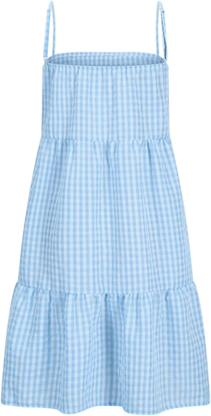 Womens Plaid A-Line Dresses Adjustable Shoulder Straps Ruffle Hem Casual Mini Dress Beach Sundress with Side Pockets