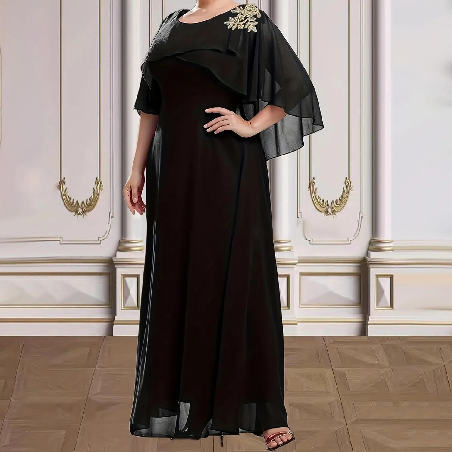 Women's Plus Size Elegant Chiffon Dresses Cape Maxi Dress Evening Gowns Wedding Guest Prom Formal Dresses